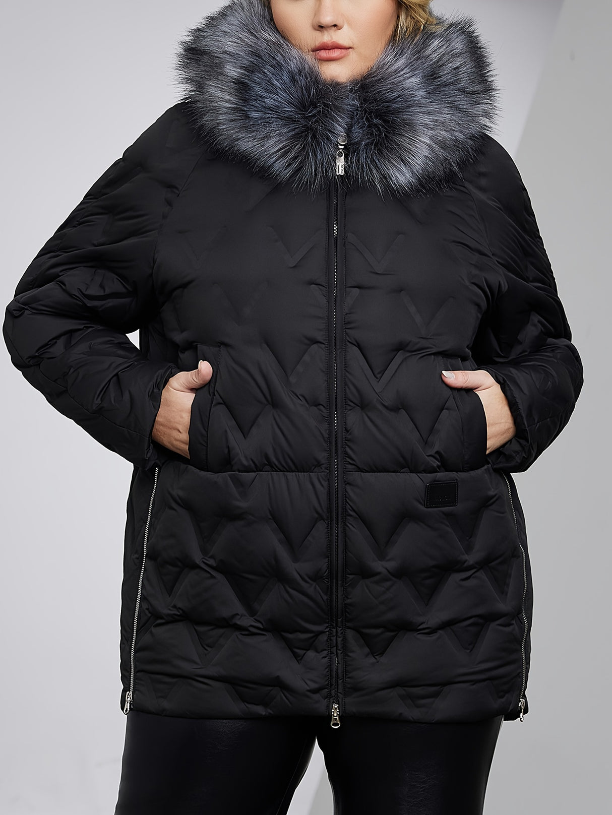Chic Plus Size Quilted Down Jacket with Faux Fur Collar Provain Shop