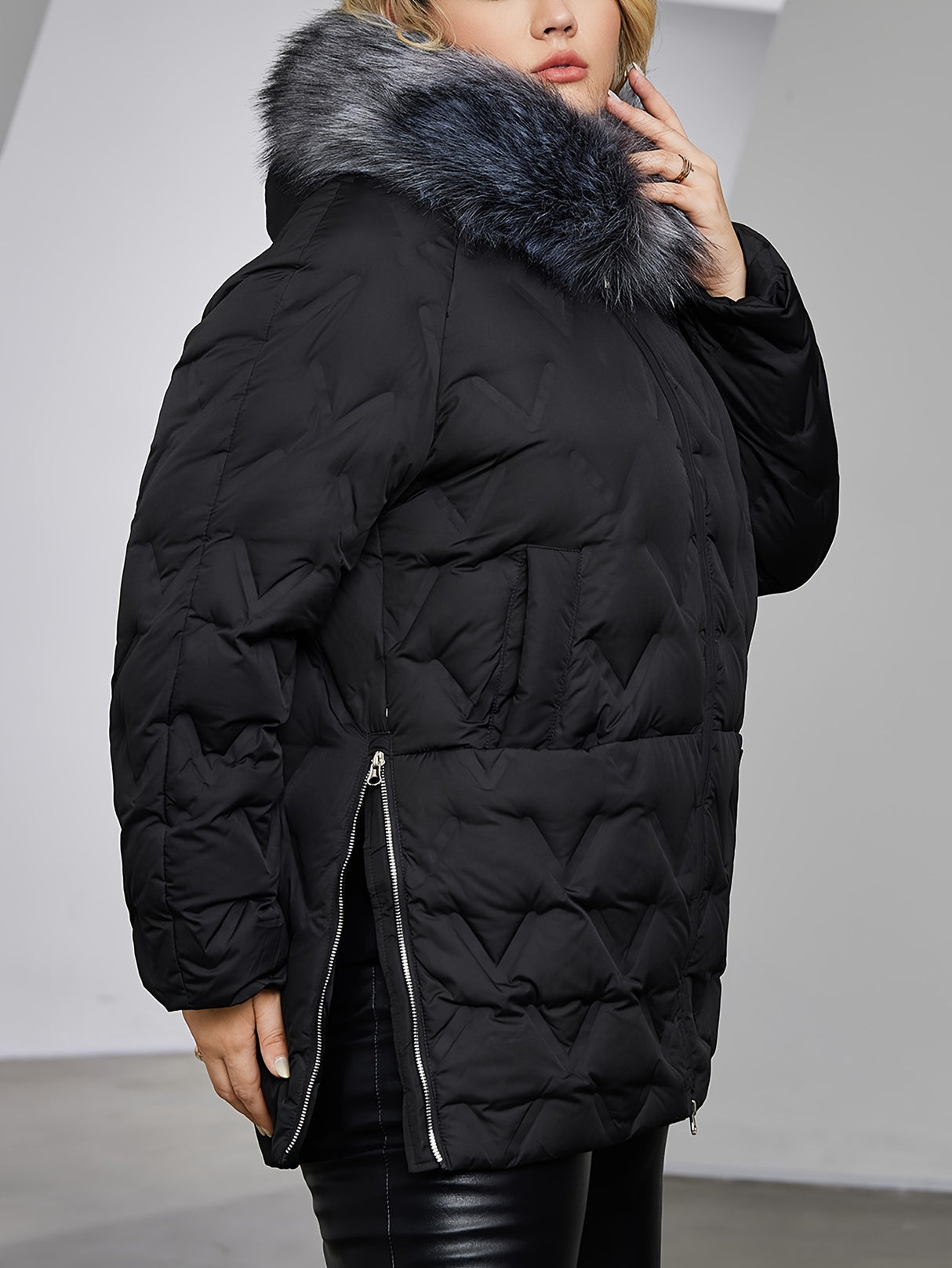 Chic Plus Size Quilted Down Jacket with Faux Fur Collar Provain Shop