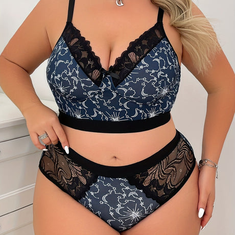 Womens Plus Size Moon Print Lace Lingerie Set Provain Shop