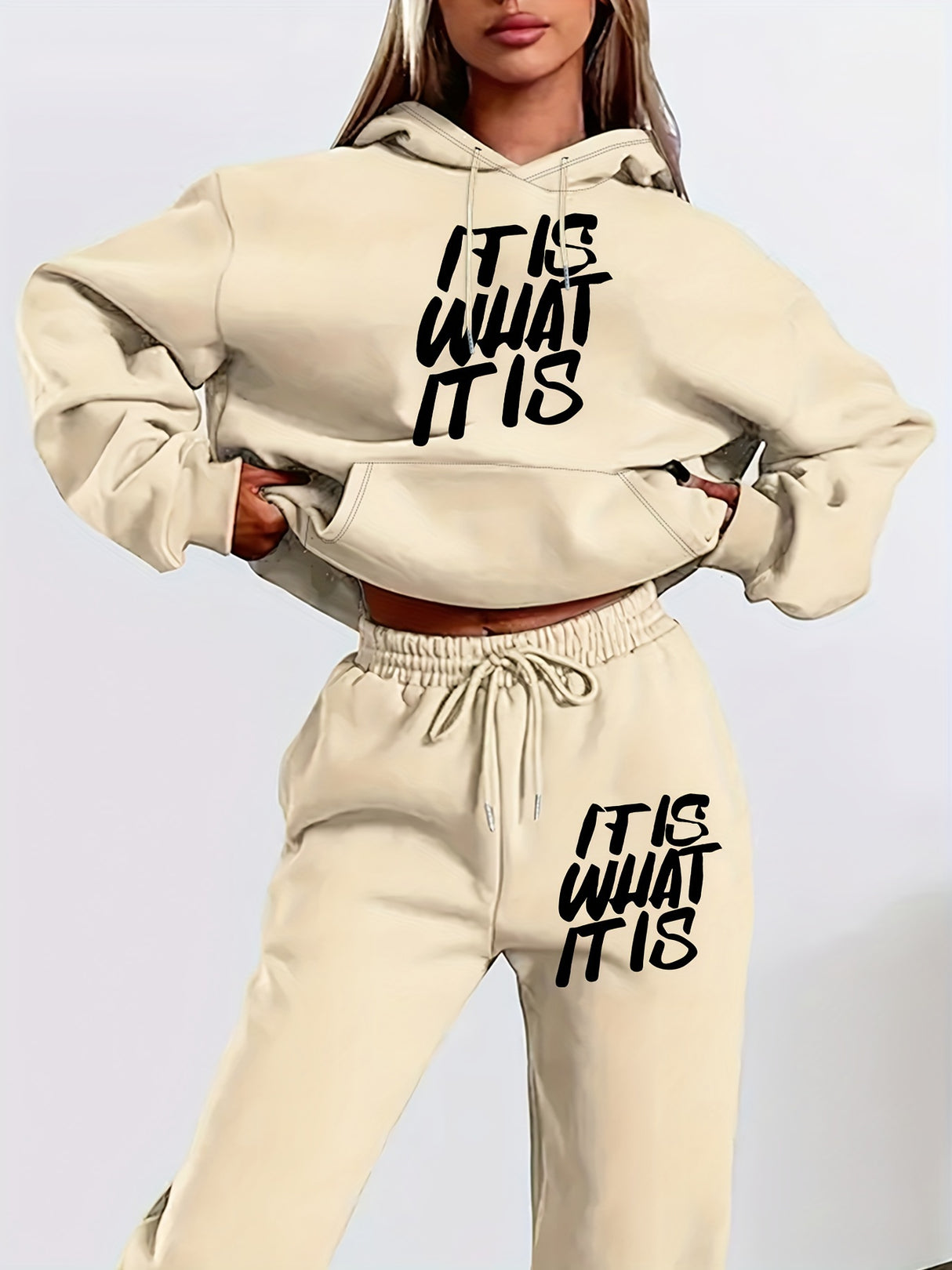 Women's Casual Hoodie & Jogger Set - Geometric Print, Long Sleeve with Kangaroo Pocket, Polyester Blend, Machine Washable - Perfect for Fall/Winter Provain Shop