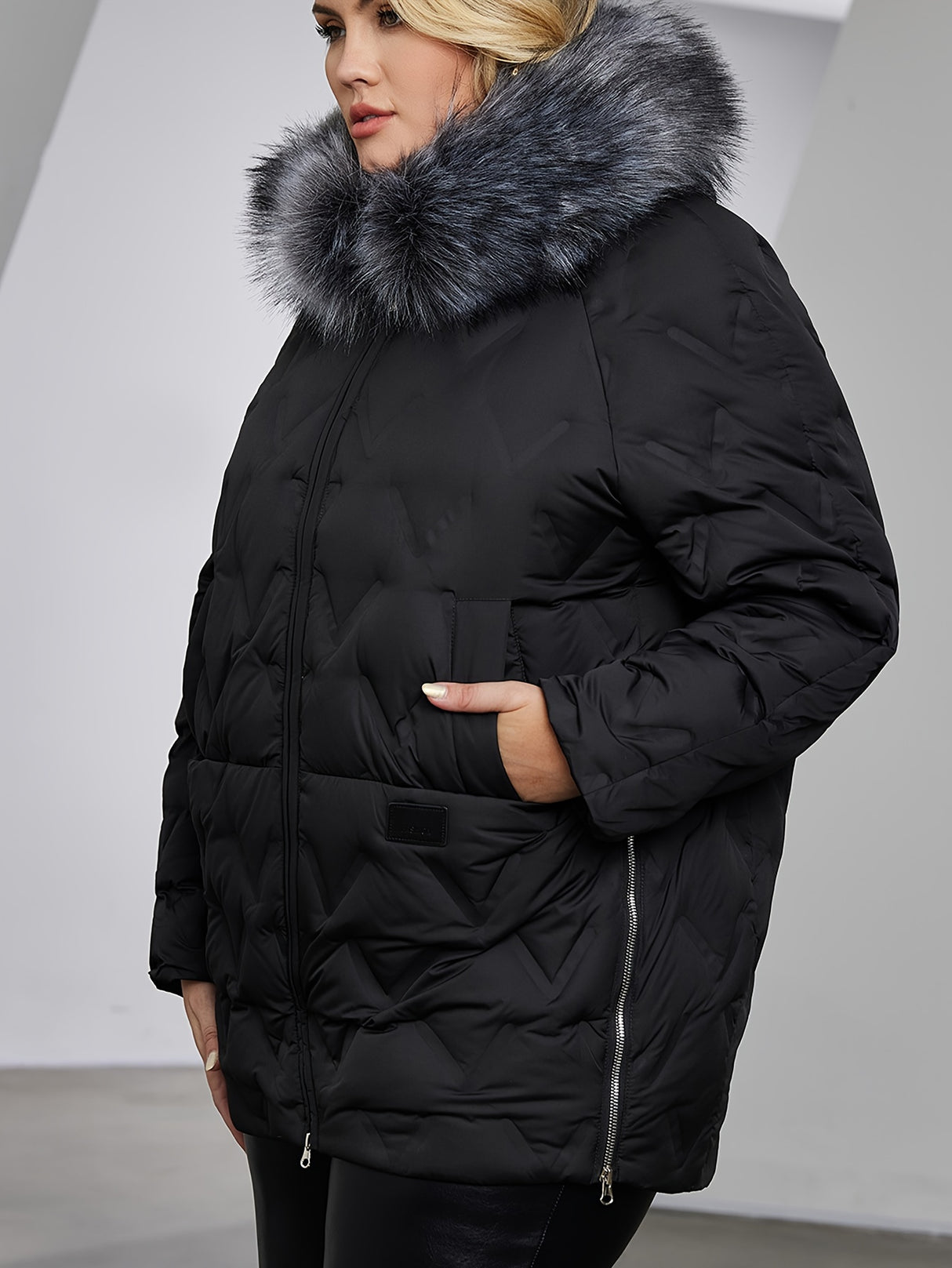 Chic Plus Size Quilted Down Jacket with Faux Fur Collar Provain Shop