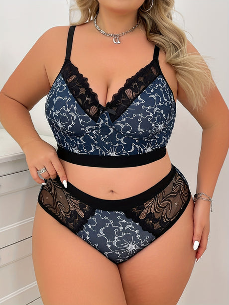 Womens Plus Size Moon Print Lace Lingerie Set Provain Shop