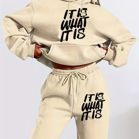 Women's Casual Hoodie & Jogger Set - Geometric Print, Long Sleeve with Kangaroo Pocket, Polyester Blend, Machine Washable - Perfect for Fall/Winter Provain Shop