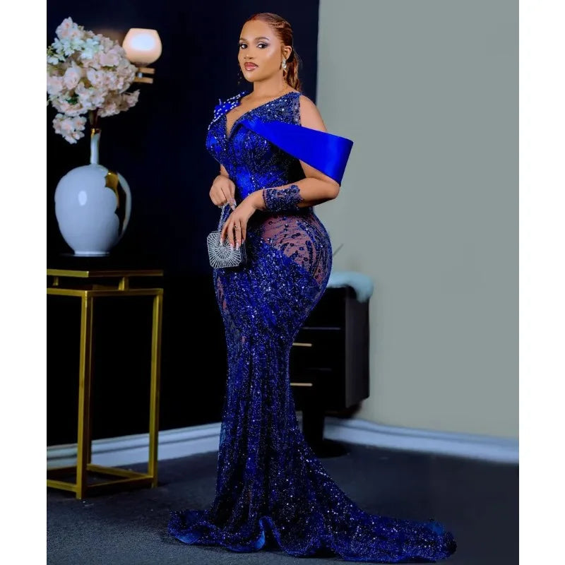 Royal Blue Sequin Mermaid Prom Dress with Satin Drape Provain Shop