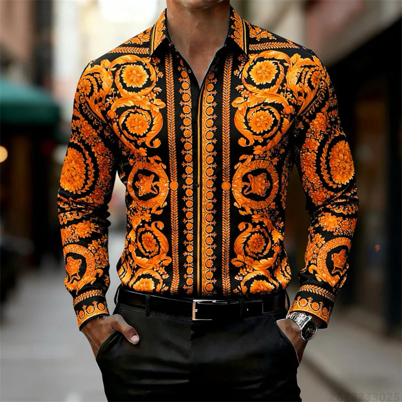Luxury Baroque Gold Pattern Slim Fit Mens Long Sleeve Shirt Provain Shop