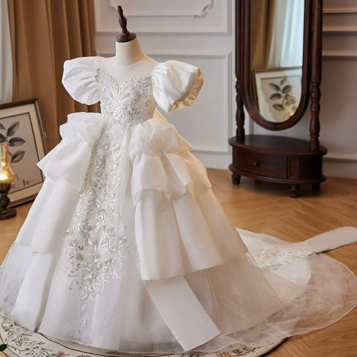 Elegant White Tulle Flower Girl Dress with Bow Back Provain Shop