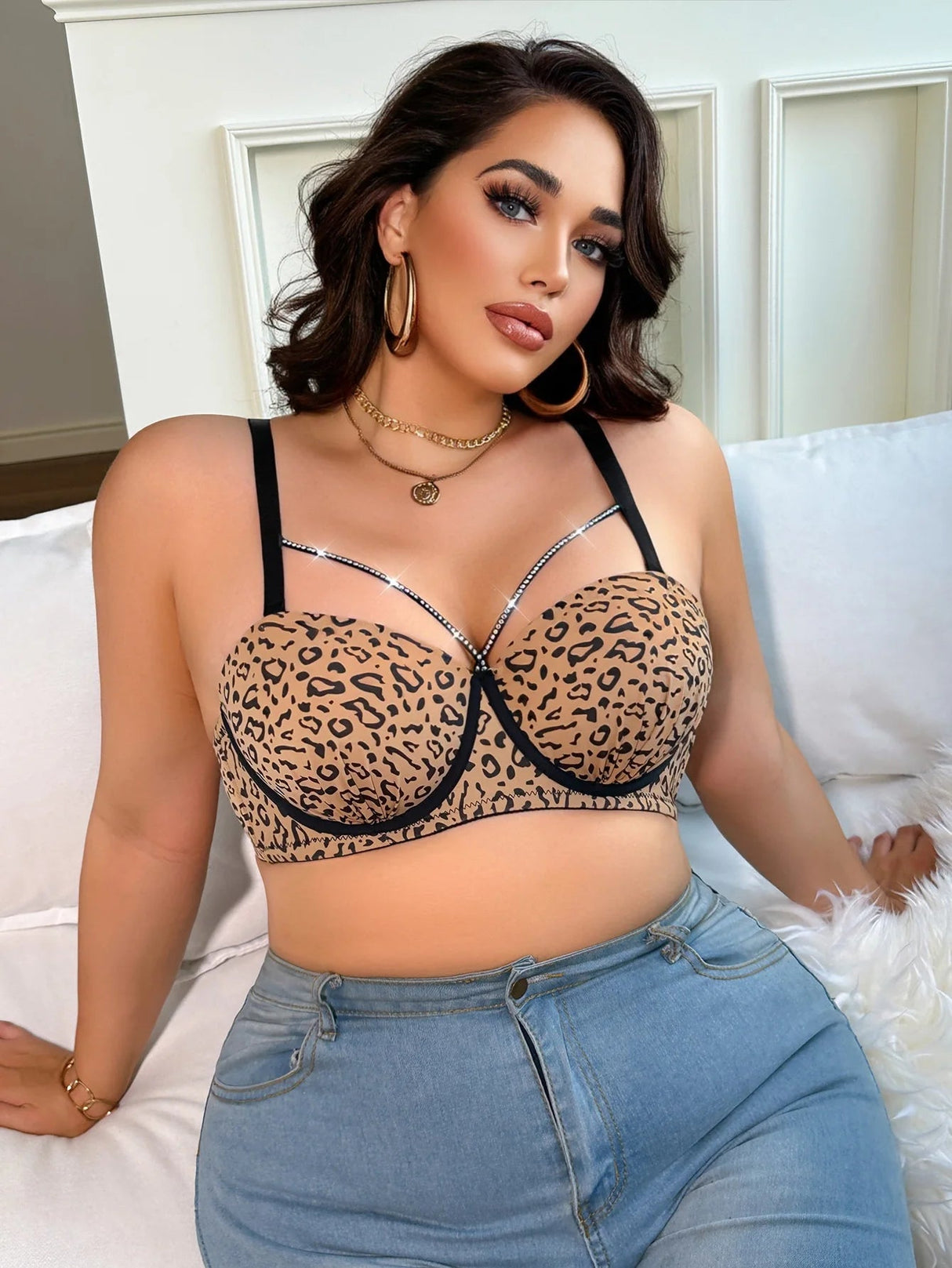 Leopard Plus Size Push Up Bra with Rhinestone Straps Provain Shop