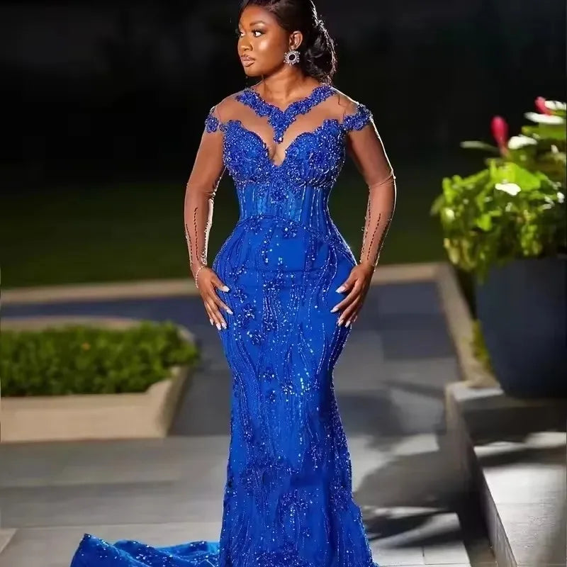 Royal Blue Beaded Illusion Mermaid Prom Wedding Gown Provain Shop