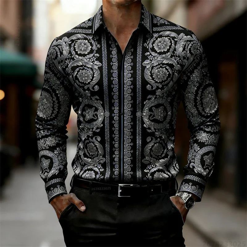 Luxury Baroque Gold Pattern Slim Fit Mens Long Sleeve Shirt Provain Shop
