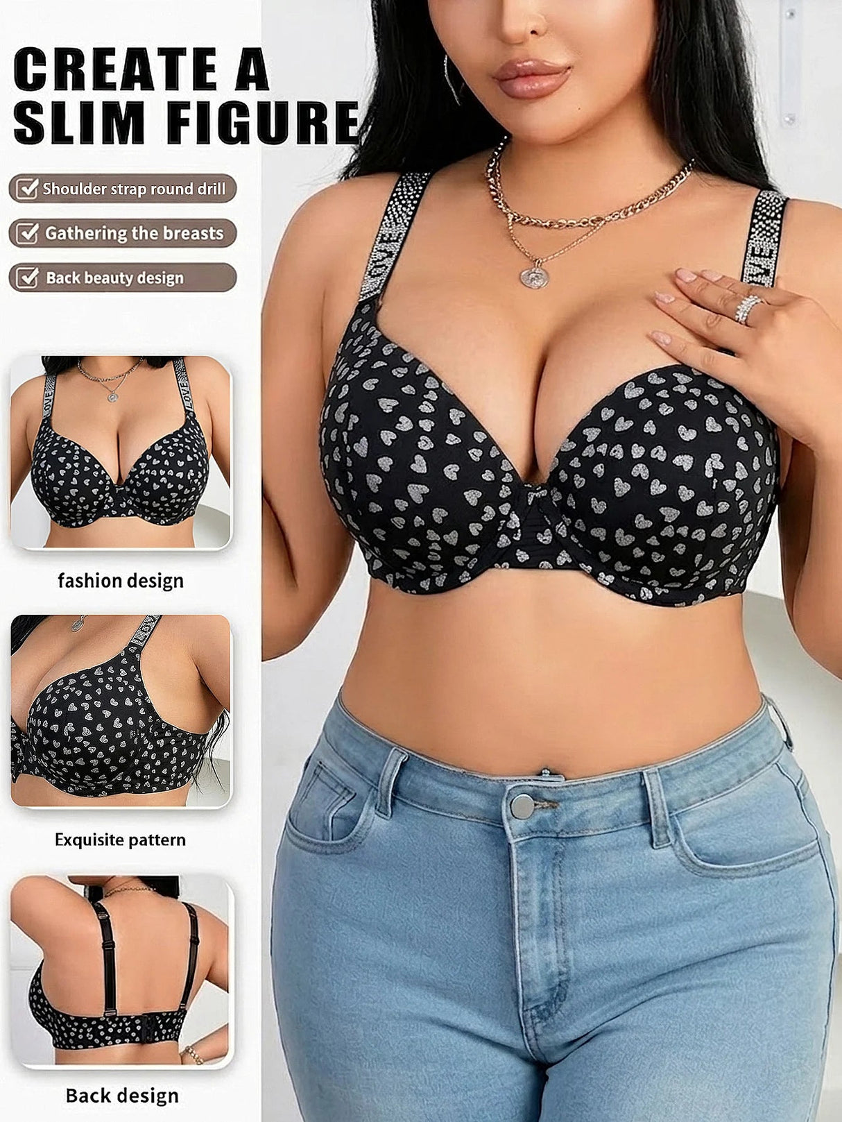 Chic Plus Size Heart PushUp Bra with Rhinestones Provain Shop