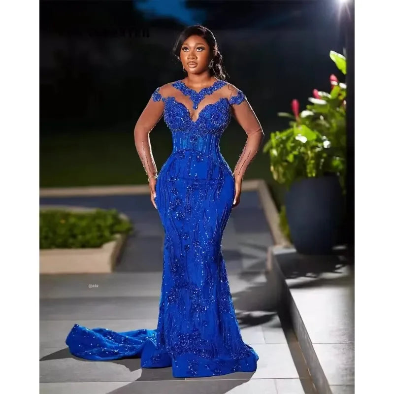 Royal Blue Beaded Illusion Mermaid Prom Wedding Gown Provain Shop