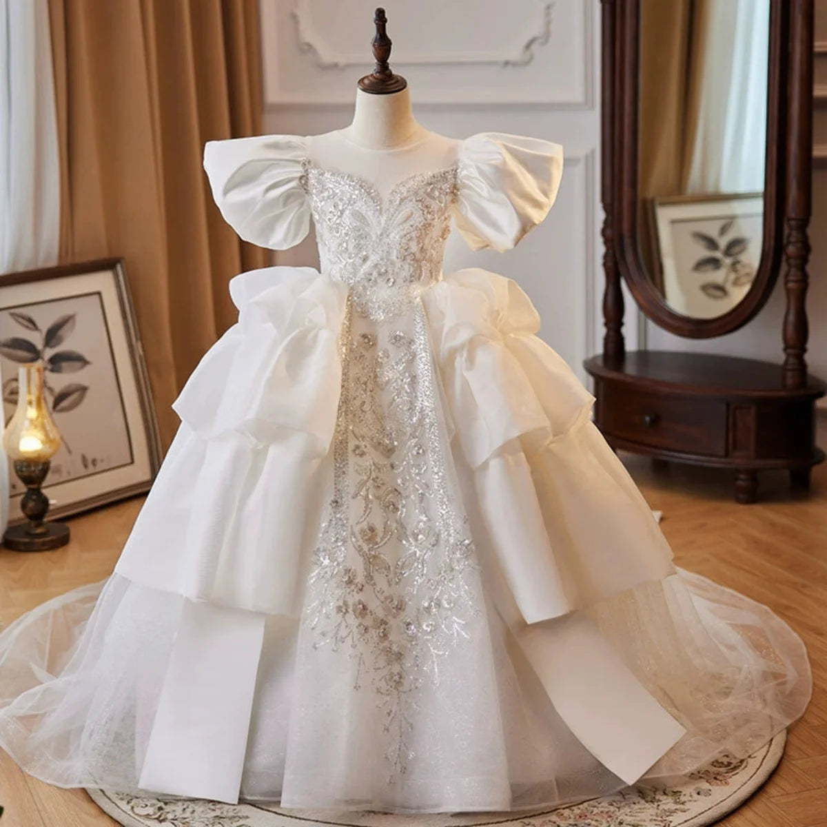 Elegant White Tulle Flower Girl Dress with Bow Back Provain Shop