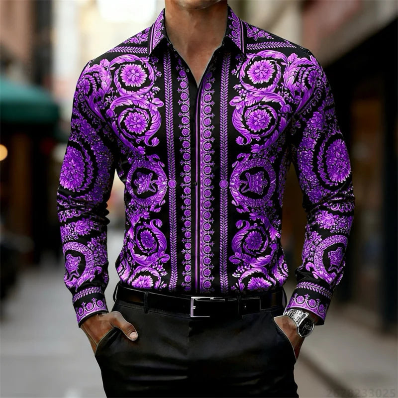 Luxury Baroque Gold Pattern Slim Fit Mens Long Sleeve Shirt Provain Shop