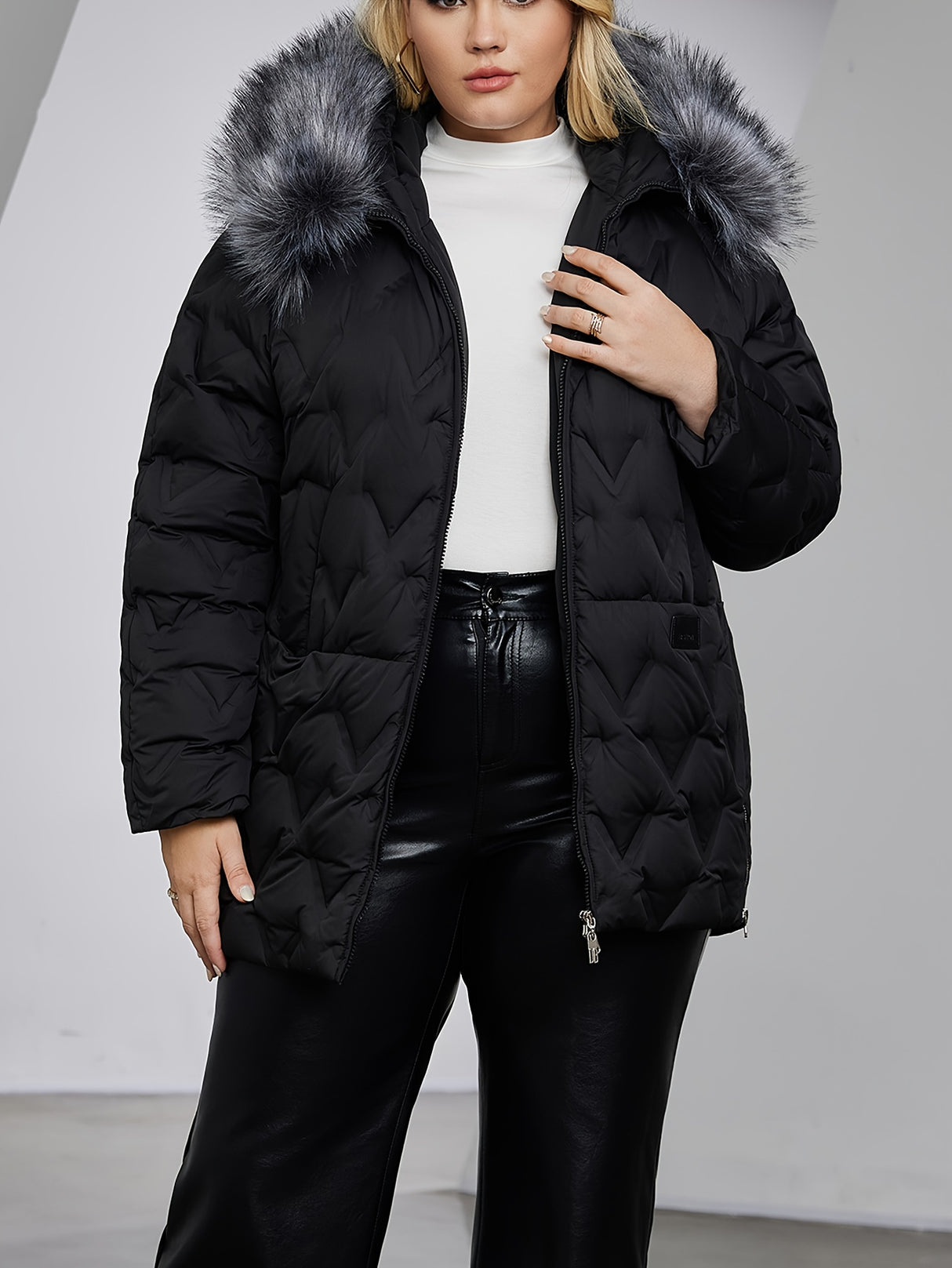 Chic Plus Size Quilted Down Jacket with Faux Fur Collar Provain Shop