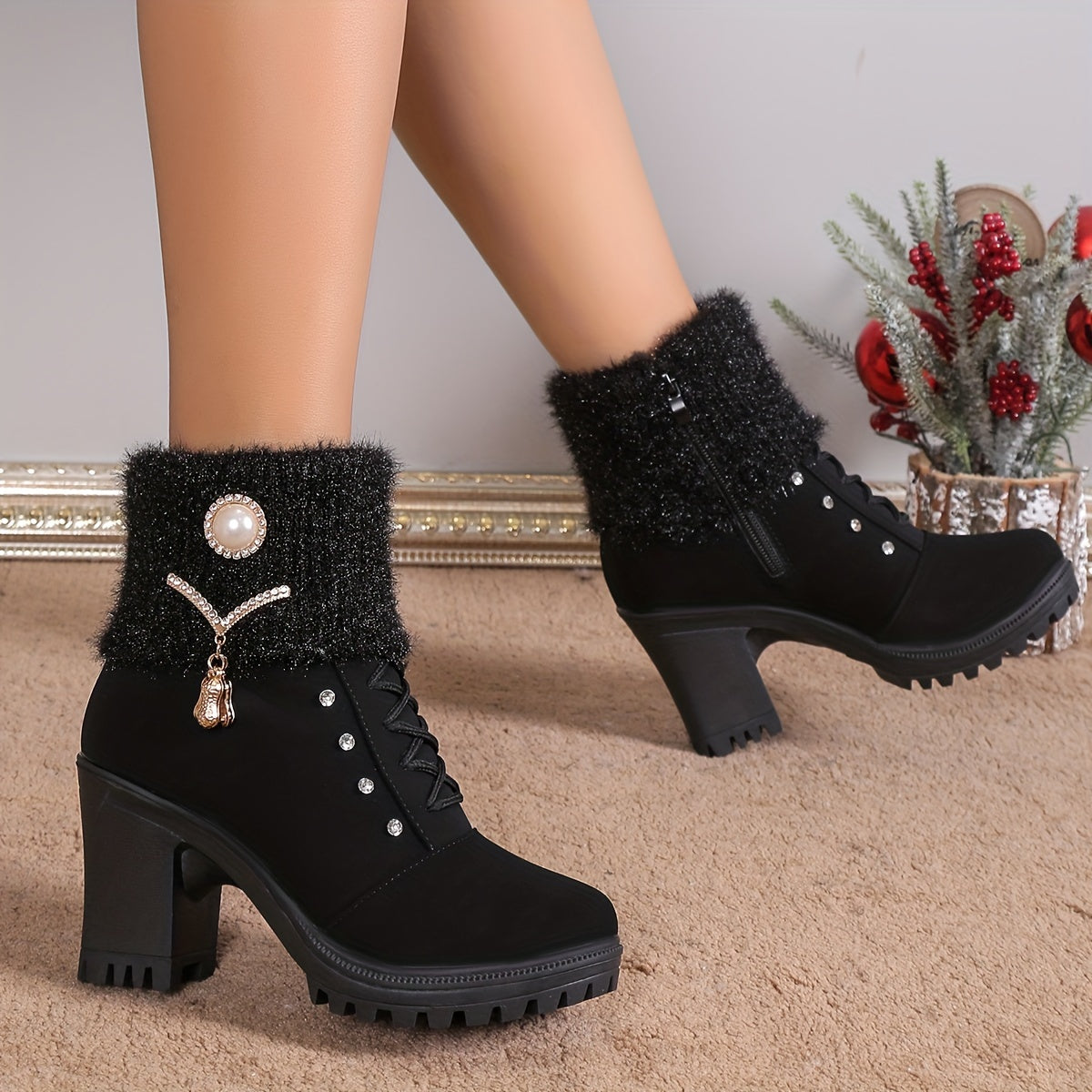 Chic Womens Knit Ankle Boots with Pearl Accents Provain Shop