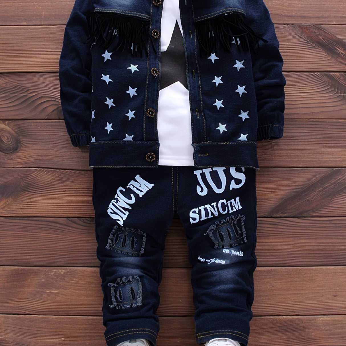 3pcs Baby Boy's Cowboy Denim Outfit, Tassel Denim Jacket & Star Pattern Long Sleeve Top & Jeans Set, Baby's Clothing, As Gift Provain Shop