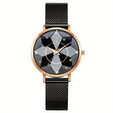 Provain Shop SK Women's Hexagram Dial Cutting Design Quartz Watch Elegant Floral Fashion Analog Stainless Steel Mesh Band Wrist Watch 