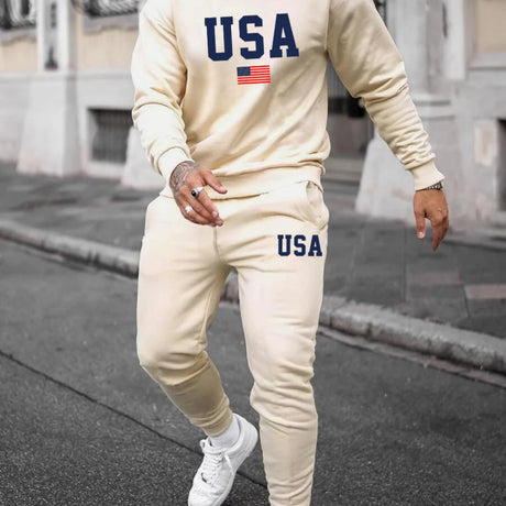 Provain Shop Men's Patriotic 2Pc Outfit - American Flag Graphic Pullover & Joggers Set - Comfortable Casual Wear for Spring/Fall 