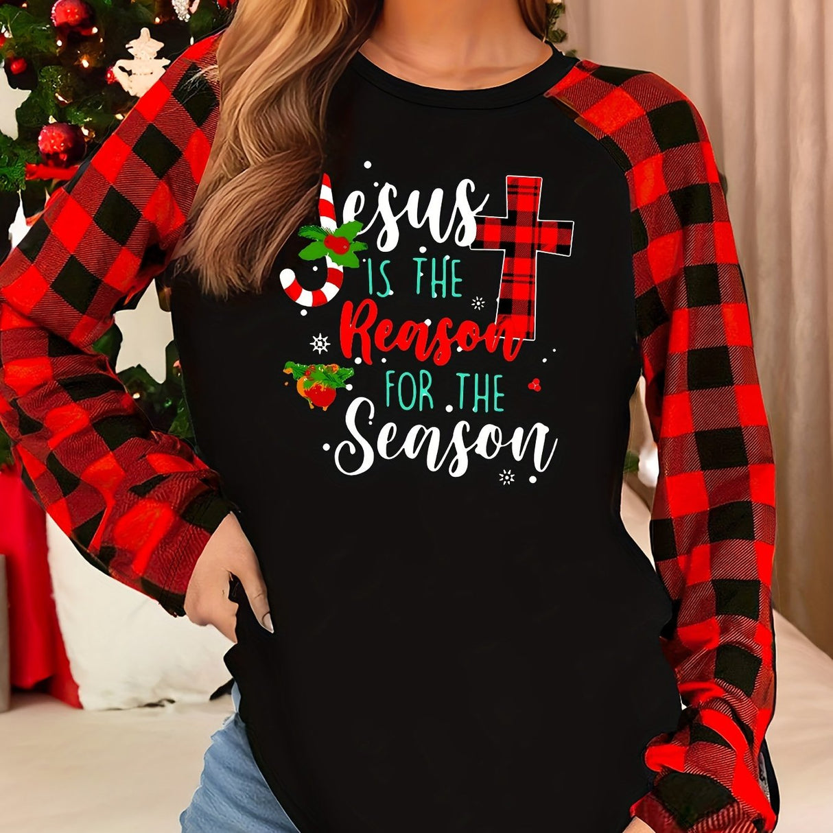 Womens Cozy Red  Black Plaid Christmas Lounge Top Provain Shop