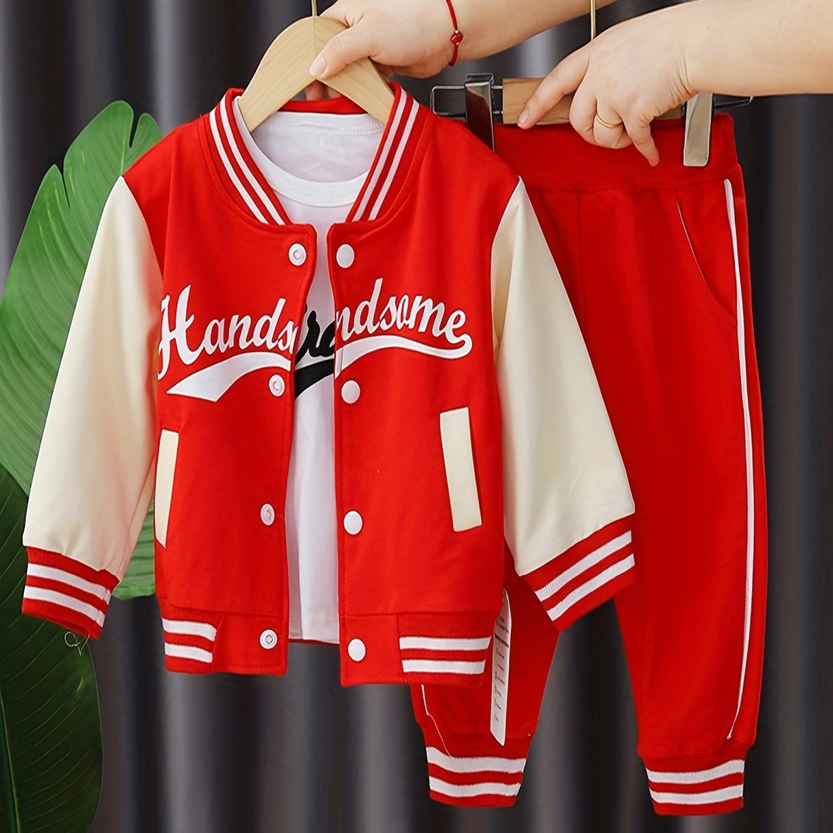 3pcs 95% cotton Boys Letter Print Long Sleeved Baseball Suit, Casual Crew Neck Slightly Stretch Set Provain Shop