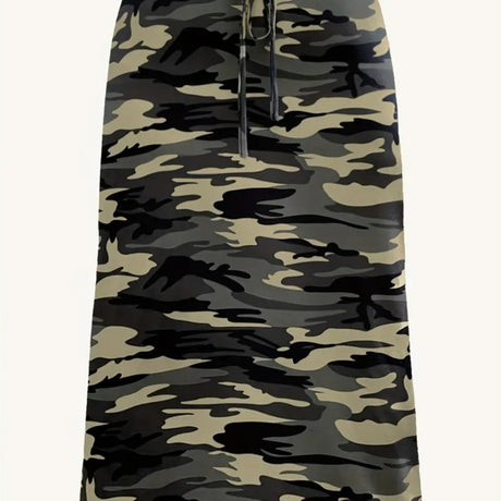 Plus Size Camo Print Drawstring Skirt, Elegant Midi Skirt For Spring & Summer, Women's Plus Size Clothing Provain Shop
