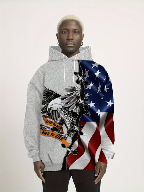 Provain Shop Eagle & Flag Pattern Print Hoodie, Cool Hoodies For Men, Men's Casual Graphic Design Pullover Hooded Sweatshirt With Kangaroo Pocket Streetwear For Winter Fall, As Gifts 