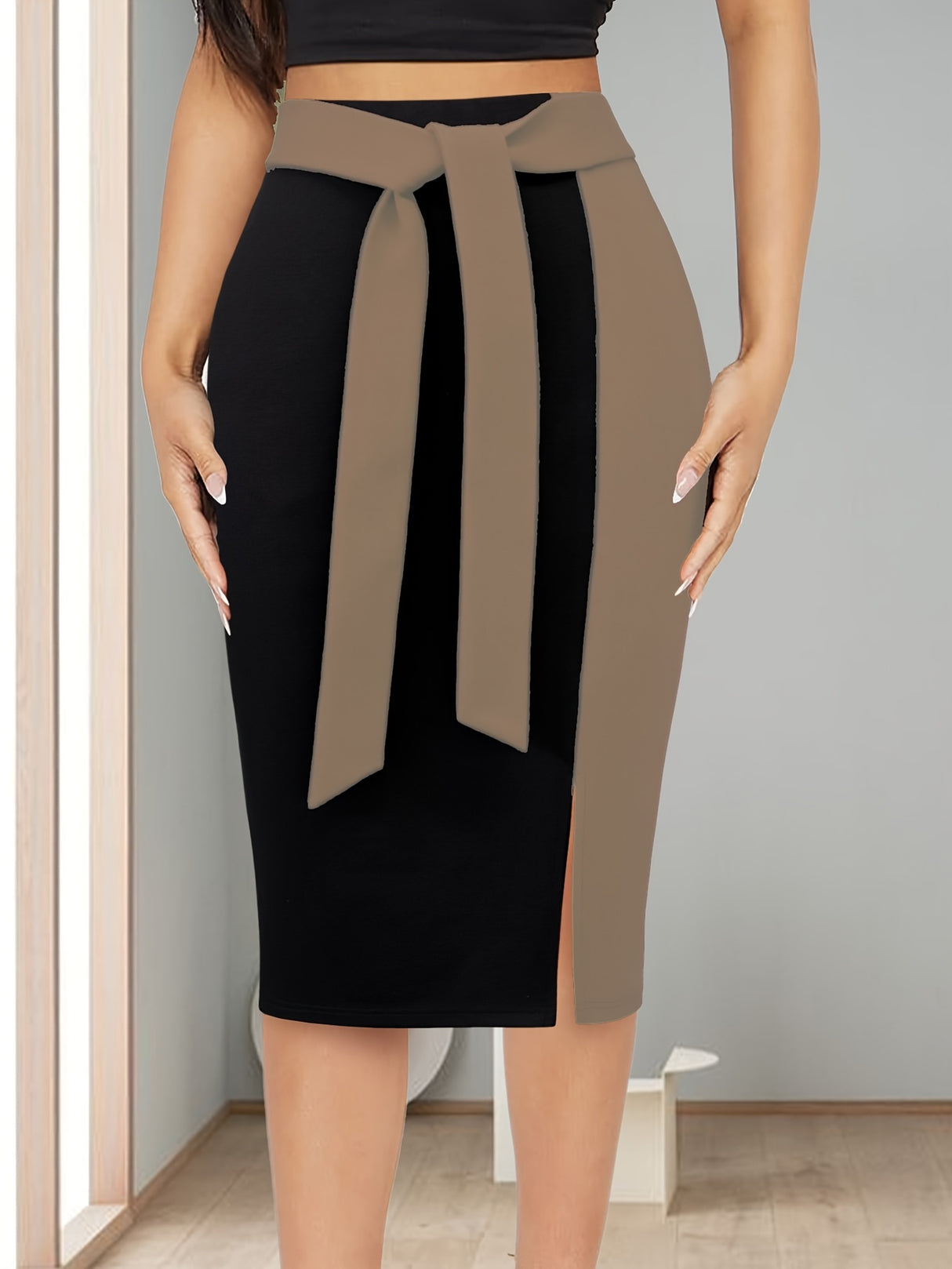 Elegant Fall/Winter Bodycon Skirt - Color Block, Stretch Fit, Easy Care, Chic Style provain