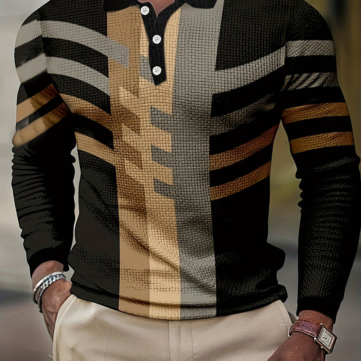 Provain Shop Men's Casual Color Block Stripe Shirt - Machine Washable, Long Sleeve, Lapel Collar, All-Season Comfort 