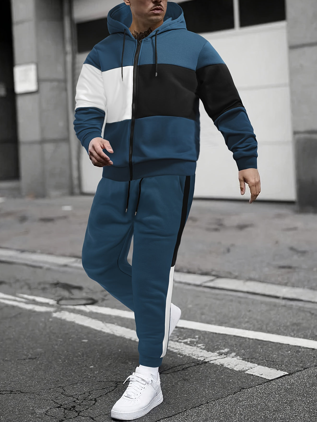 Provain Shop Mens 2Pcs Athletic Tracksuit - Comfort-Fit Color Block Hoodie and Joggers - Versatile for Gym, Running & Casual Wear 