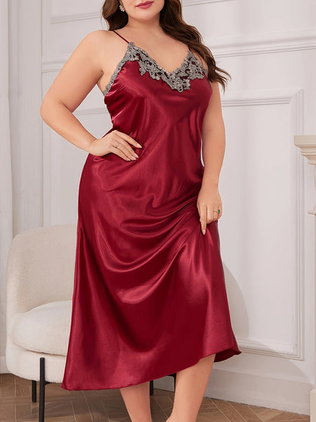 Provain Shop Plus Size Satin Cami Nightdress - Sensual Contrast Guipure Lace, V-Neck Design, Silky Feel - Perfect for Valentine's Day & Romantic Evenings 