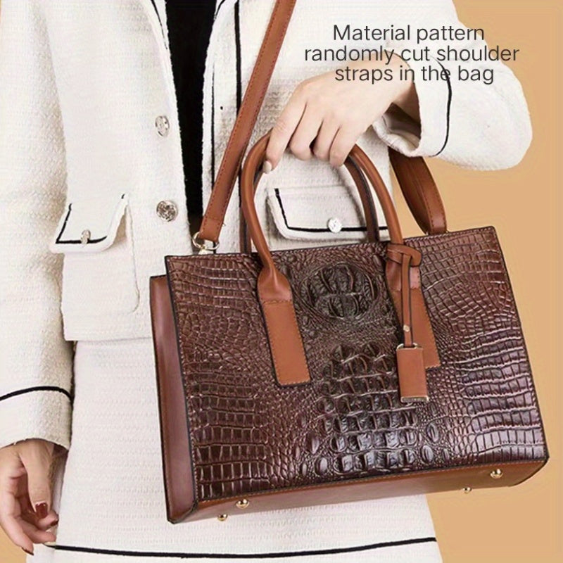 Provain Shop 3pcs/1pc Crocodile Pattern Handbag Set, Women's Retro Tote Bag With Clutch Bag & Card Holder 