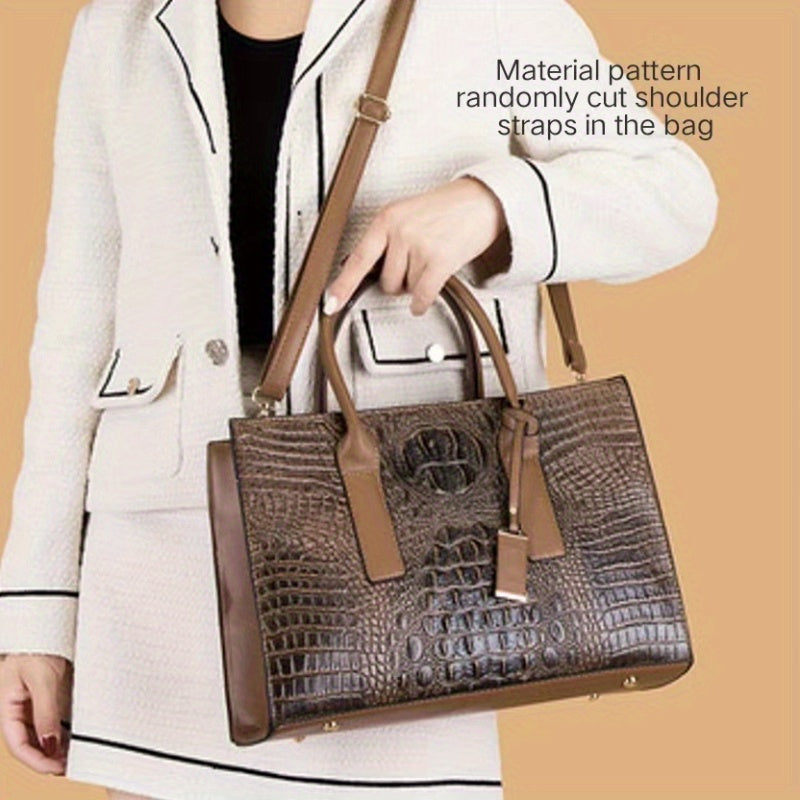 Provain Shop 3pcs/1pc Crocodile Pattern Handbag Set, Women's Retro Tote Bag With Clutch Bag & Card Holder 