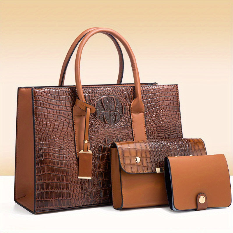 3pcs/1pc Crocodile Pattern Handbag Set, Women's Retro Tote Bag With Clutch Bag & Card Holder Provain Shop