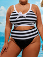 Provain Shop Plus Size Vacay Bikini Set, Women's Plus Stripe Print Bow Knot Decor V Neck Bra & Panty Swimsuit Two Piece Set 