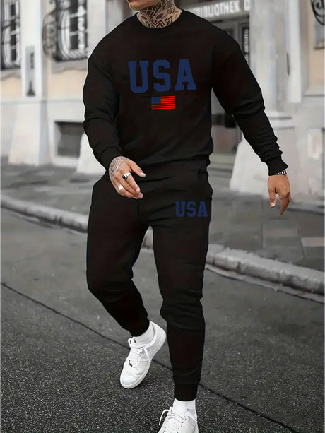 Men's Patriotic 2Pc Outfit - American Flag Graphic Pullover & Joggers Set - Comfortable Casual Wear for Spring/Fall Provain Shop