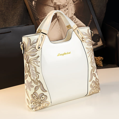Floral Embroidered Top Handle Bag, Elegant PU Leather Satchel, Women's Fashion Handbag & Purse provain