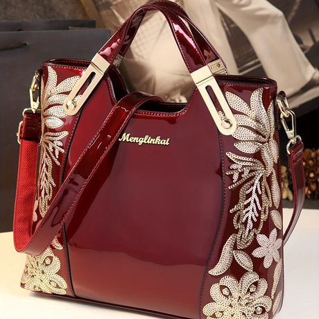 Floral Embroidered Top Handle Bag, Elegant PU Leather Satchel, Women's Fashion Handbag & Purse provain
