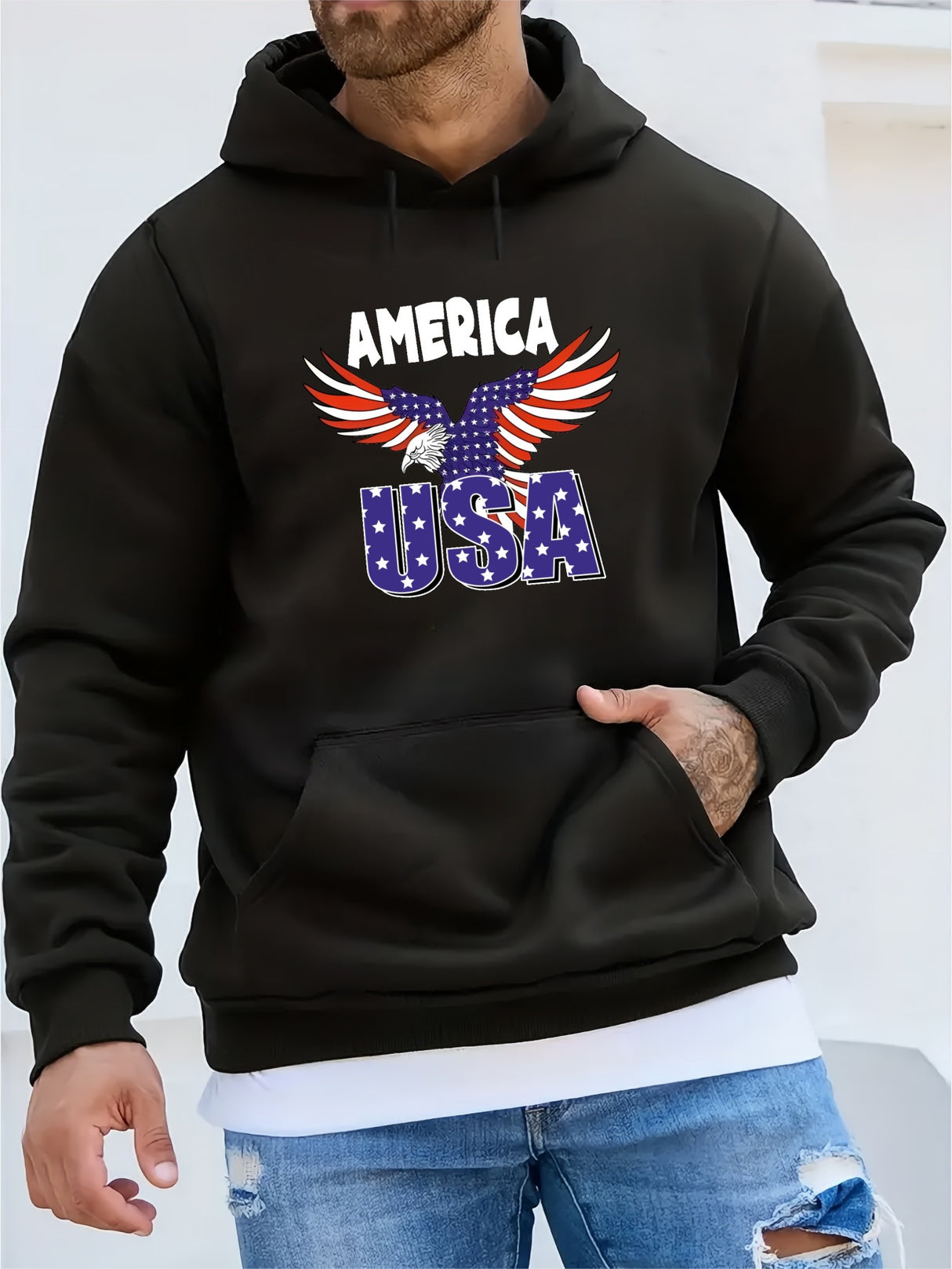 Provain Shop America USA Eagle Pattern Print Hooded Sweatshirt, Personalized Hoodies Fashion Casual Tops For Spring Autumn, Men's Clothing 