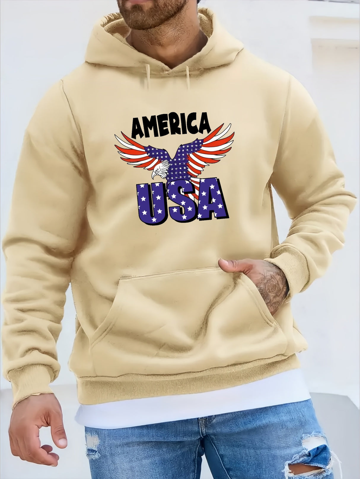 Provain Shop America USA Eagle Pattern Print Hooded Sweatshirt, Personalized Hoodies Fashion Casual Tops For Spring Autumn, Men's Clothing 