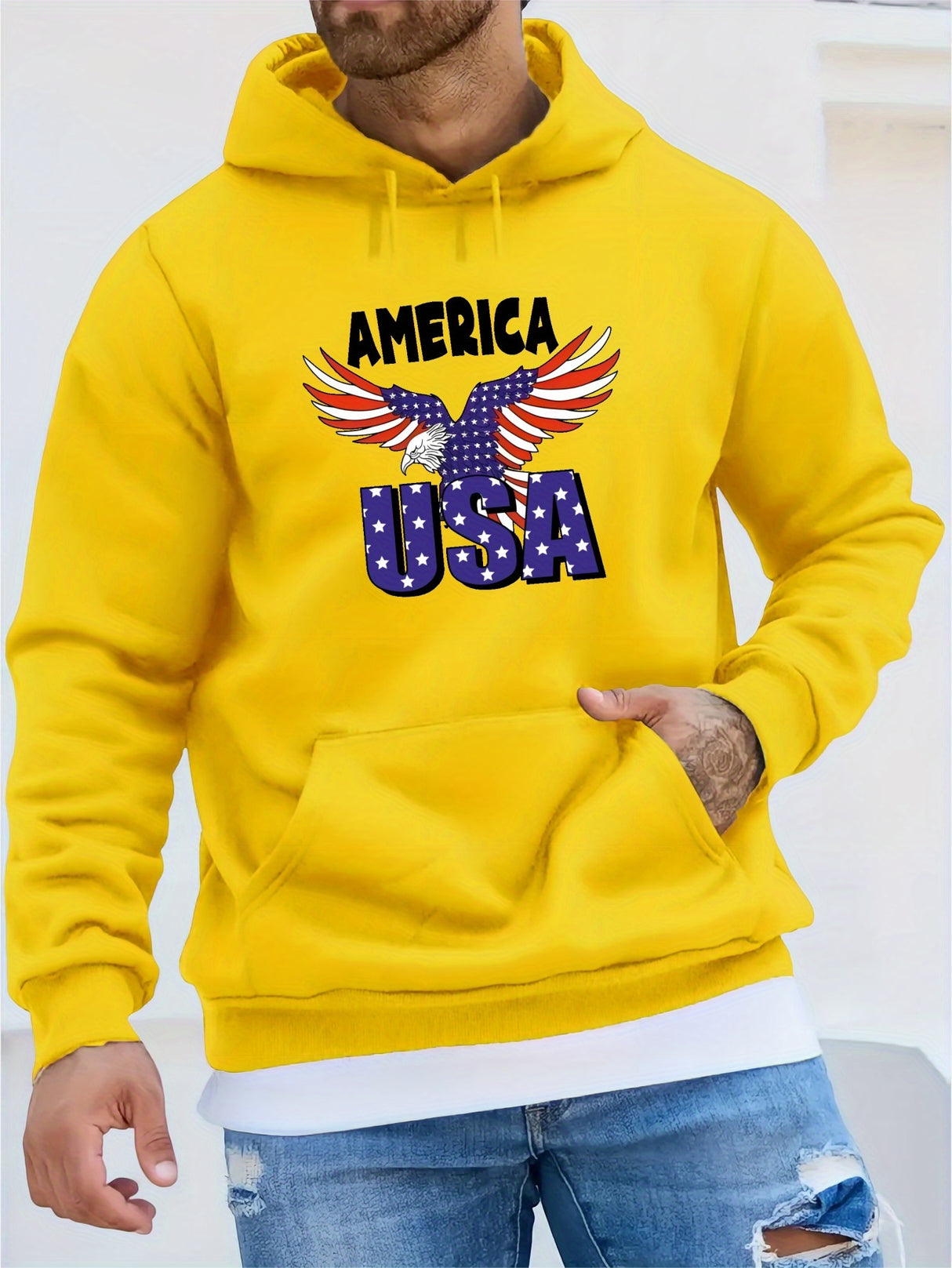 Provain Shop America USA Eagle Pattern Print Hooded Sweatshirt, Personalized Hoodies Fashion Casual Tops For Spring Autumn, Men's Clothing 