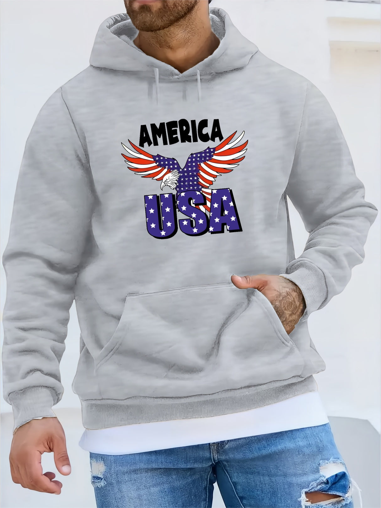 Provain Shop America USA Eagle Pattern Print Hooded Sweatshirt, Personalized Hoodies Fashion Casual Tops For Spring Autumn, Men's Clothing 