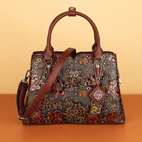 2024 Vintage Flower Pattern Satchel Bag, Classic Elegant Top Handle Handbag For Daily Use, Elegant Shoulder Bag provain