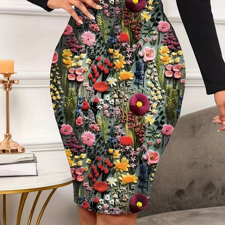 Floral Print Knee Length Pencil Skirt, Elegant High Waist Skirt For Spring & Summer, Women's Clothing provain
