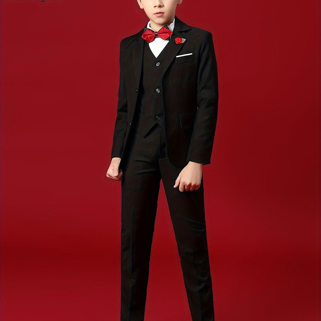 Provain Shop Boys' 4-Piece Formal Suit Set: Durable All-Season Blazer, Vest, Pants & Bowtie - Perfect for Weddings & Performances 