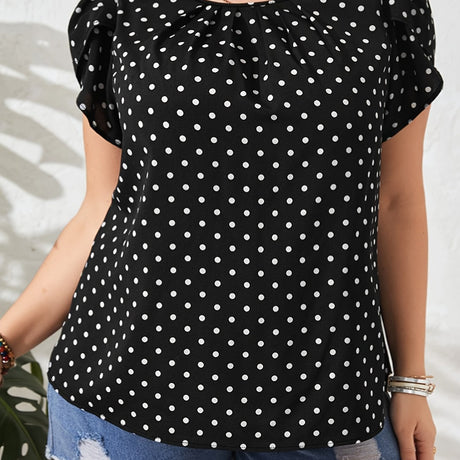 Provain Shop Chic Plus Size Top - Eye-Catching Polka Dots, Relaxed Fit Crew Neck, Short Sleeve, Versatile Casual Wear 
