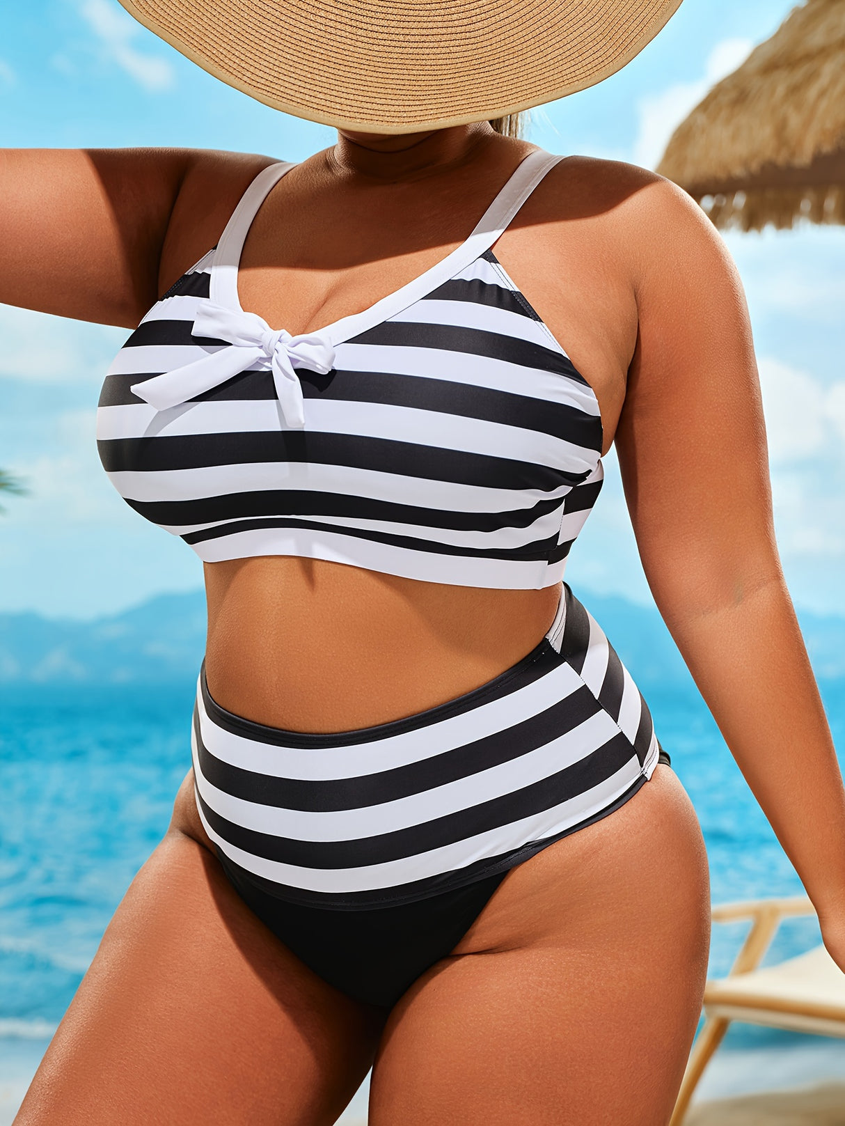 Provain Shop Plus Size Vacay Bikini Set, Women's Plus Stripe Print Bow Knot Decor V Neck Bra & Panty Swimsuit Two Piece Set 