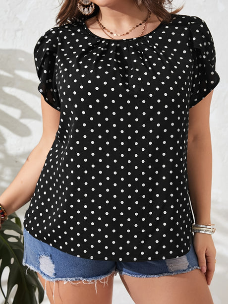 Chic Plus Size Top - Eye-Catching Polka Dots, Relaxed Fit Crew Neck, Short Sleeve, Versatile Casual Wear Provain Shop