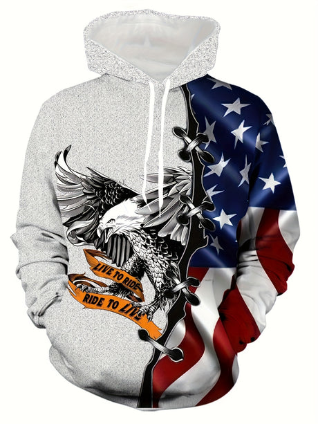 Provain Shop Eagle & Flag Pattern Print Hoodie, Cool Hoodies For Men, Men's Casual Graphic Design Pullover Hooded Sweatshirt With Kangaroo Pocket Streetwear For Winter Fall, As Gifts 