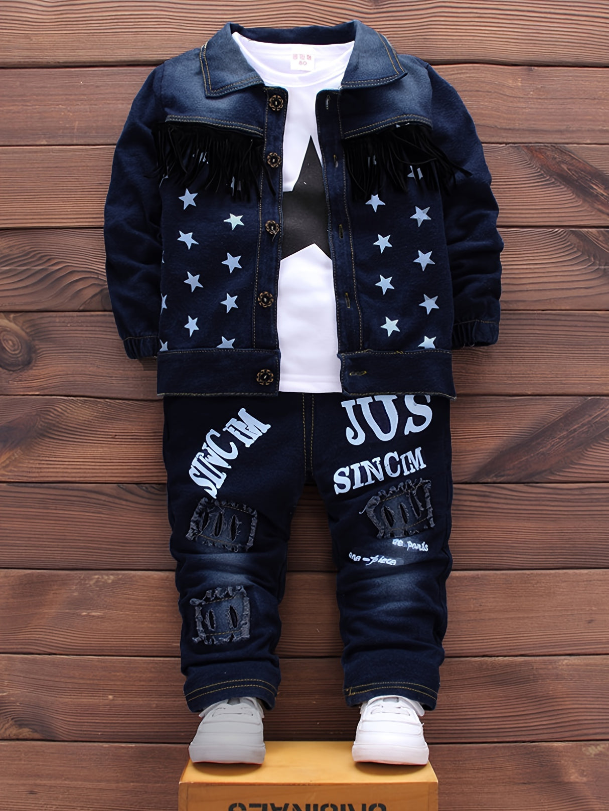 3pcs Baby Boy's Cowboy Denim Outfit, Tassel Denim Jacket & Star Pattern Long Sleeve Top & Jeans Set, Baby's Clothing, As Gift Provain Shop