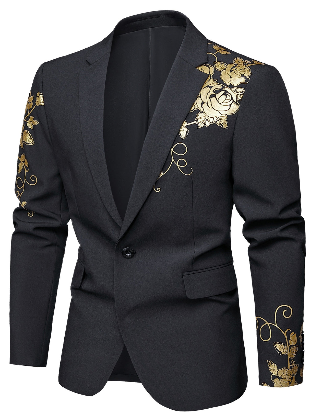 Mens Slim Fit Floral Pattern Single Breasted Suit Jacket - Stylish V-Neck Design, Slight Stretch Fabric, Hot Stamping Details, Long Sleeve, Regular Length, Polyester Lining - Perfect for Party, Dance, Dinner, Wedding, Business Banquet, and Gift for Men Provain Shop